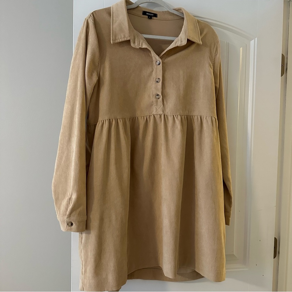 Tan Button-Up Long Sleeve Dress